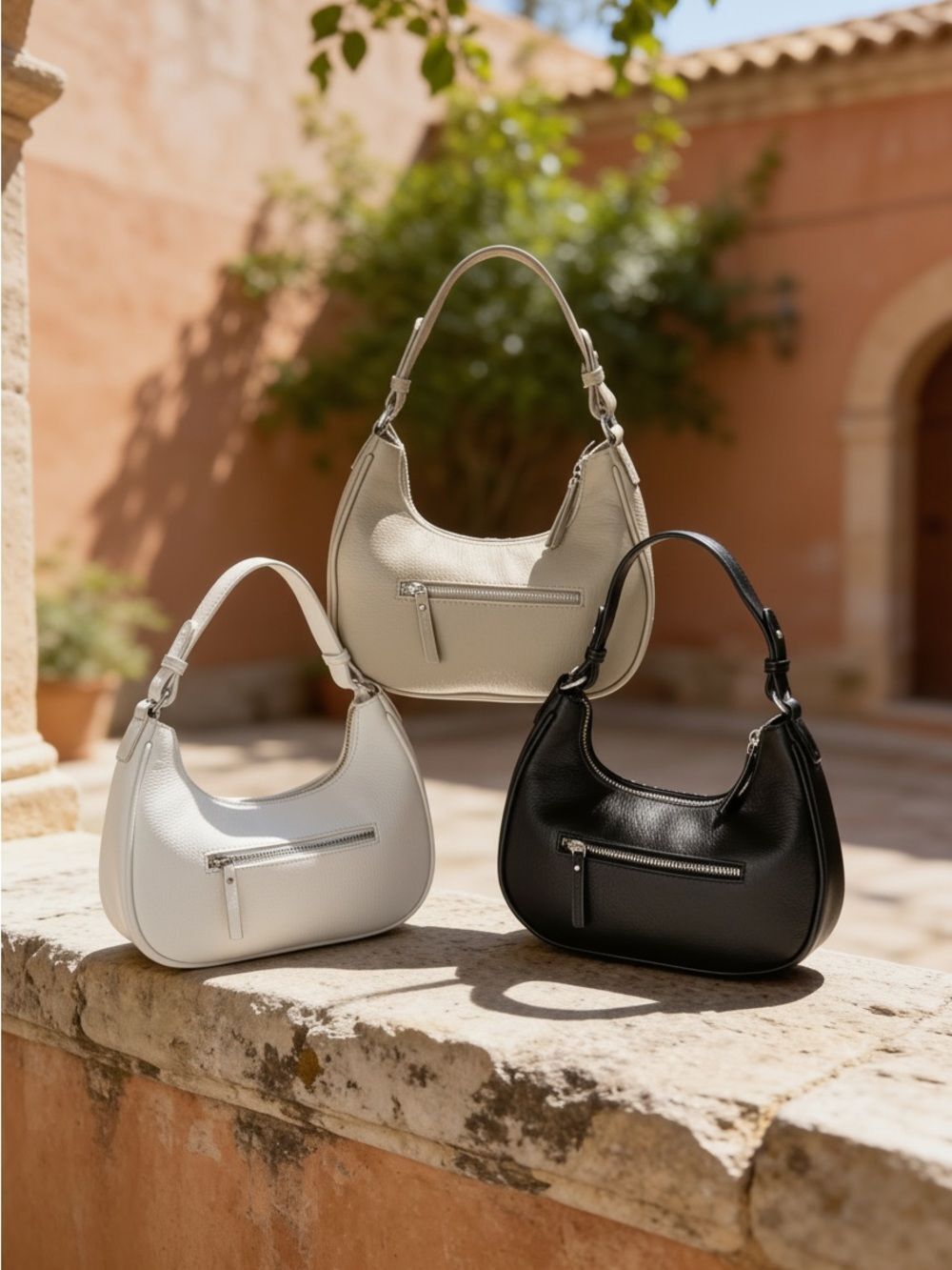 Top Grain Leather Crescent Hobo Shoulder Bag in Cream - Picture 7 of 8